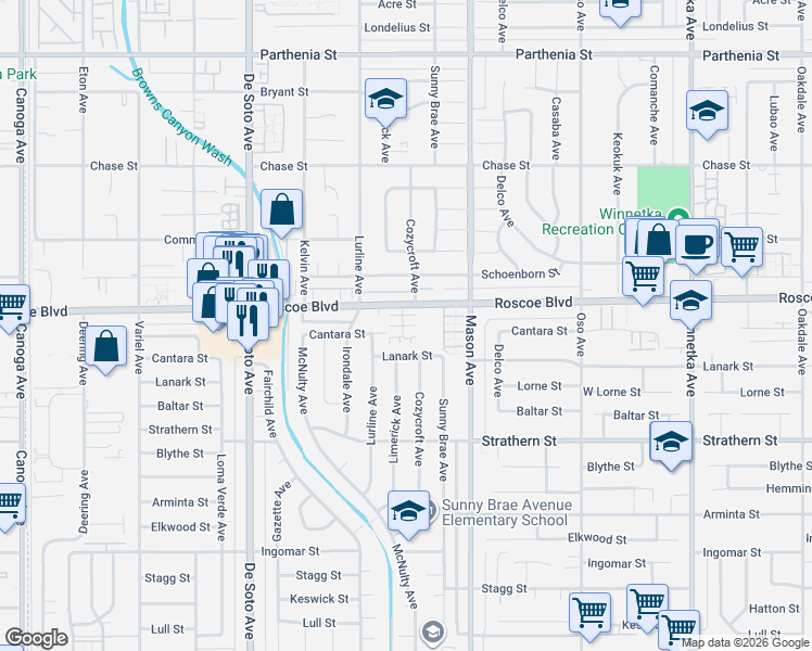 map of restaurants, bars, coffee shops, grocery stores, and more near 20612 Desert Ash Lane in Los Angeles