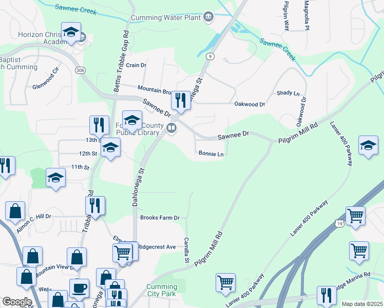map of restaurants, bars, coffee shops, grocery stores, and more near 111 Charles Place in Cumming