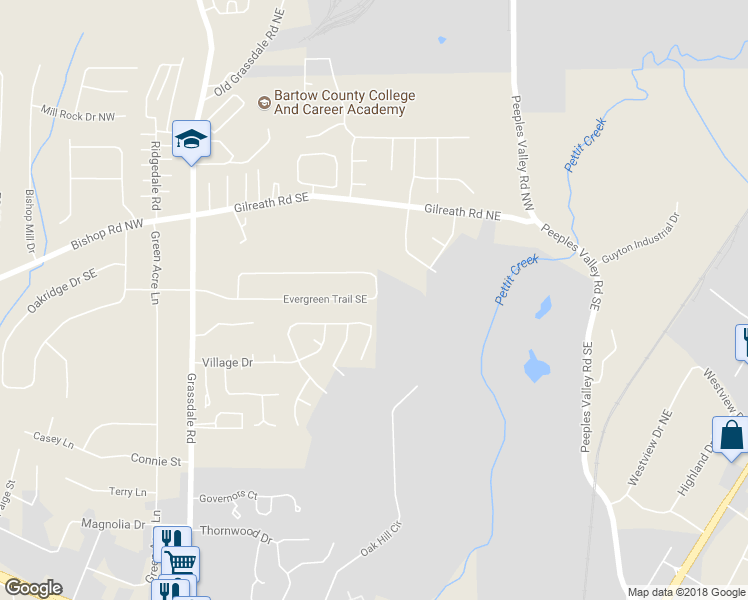 map of restaurants, bars, coffee shops, grocery stores, and more near 138 Evergreen Trail Southeast in Cartersville
