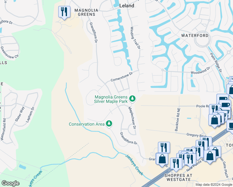 map of restaurants, bars, coffee shops, grocery stores, and more near 1018 Cordgrass Lane in Leland