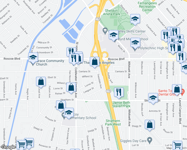 map of restaurants, bars, coffee shops, grocery stores, and more near 12777 Willard Street in Los Angeles