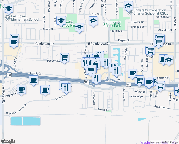 map of restaurants, bars, coffee shops, grocery stores, and more near 330 North Lantana Street in Camarillo
