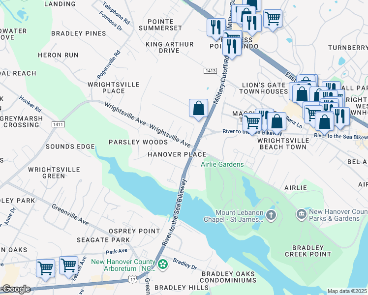 map of restaurants, bars, coffee shops, grocery stores, and more near 6328 Wrightsville Avenue in Wilmington