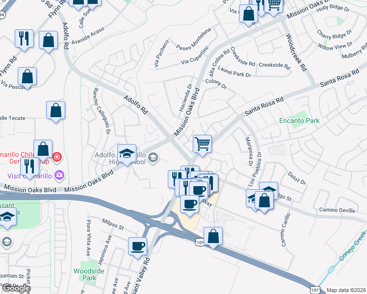 map of restaurants, bars, coffee shops, grocery stores, and more near 419 Estancia Place in Camarillo