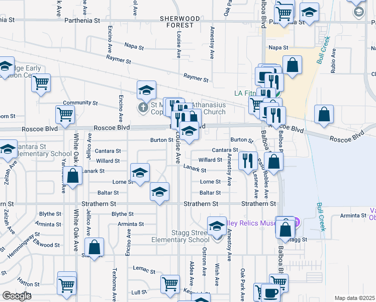 map of restaurants, bars, coffee shops, grocery stores, and more near 8173 Aldea Avenue in Los Angeles