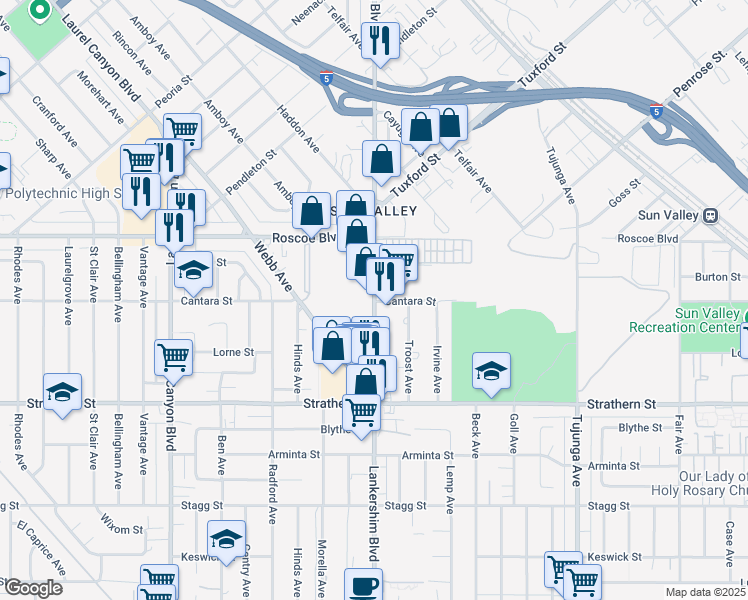 map of restaurants, bars, coffee shops, grocery stores, and more near 8201 Lankershim Boulevard in Los Angeles