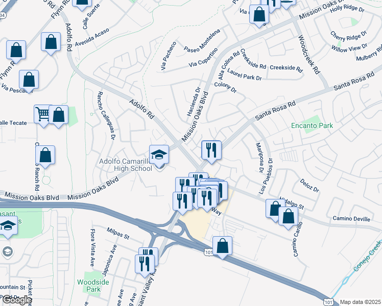 map of restaurants, bars, coffee shops, grocery stores, and more near 419 Estancia Place in Camarillo