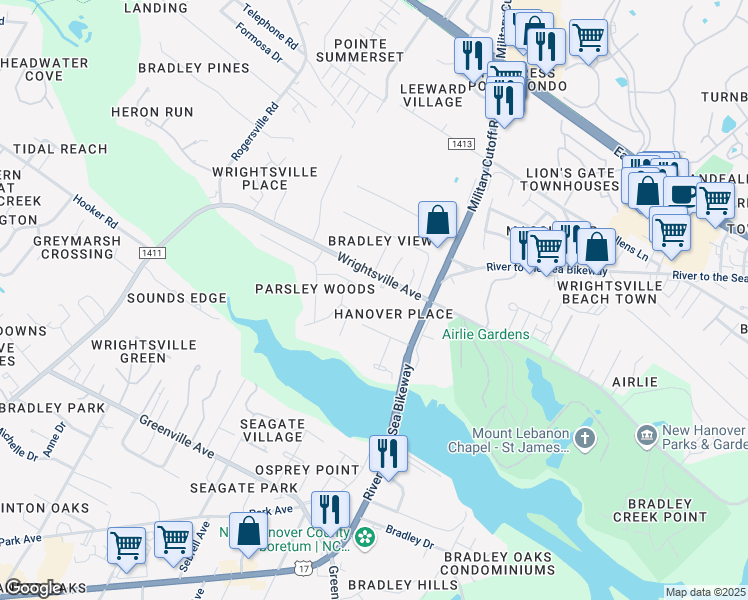 map of restaurants, bars, coffee shops, grocery stores, and more near 6310 Wrightsville Avenue in Wilmington