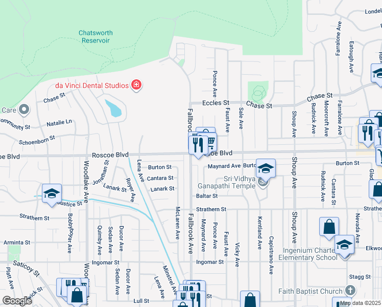 map of restaurants, bars, coffee shops, grocery stores, and more near Roscoe Blvd & Fallbrook Ave in Los Angeles
