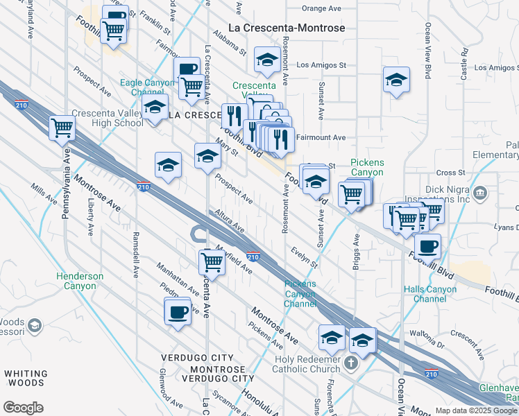 map of restaurants, bars, coffee shops, grocery stores, and more near 2642 Prospect Avenue in La Crescenta-Montrose
