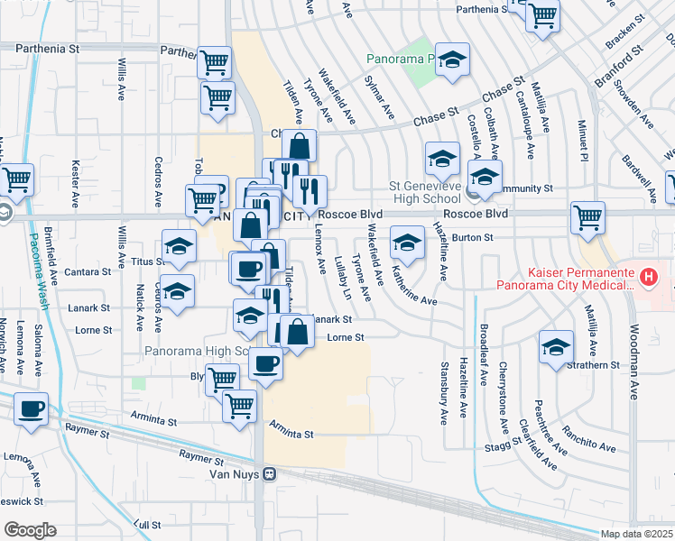 map of restaurants, bars, coffee shops, grocery stores, and more near 8147 Lullaby Lane in Los Angeles
