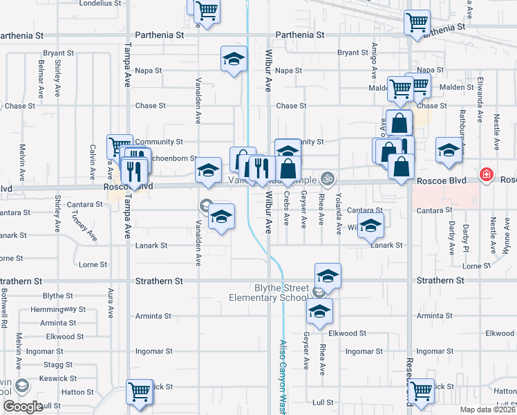 map of restaurants, bars, coffee shops, grocery stores, and more near 18900 Cantara Street in Los Angeles