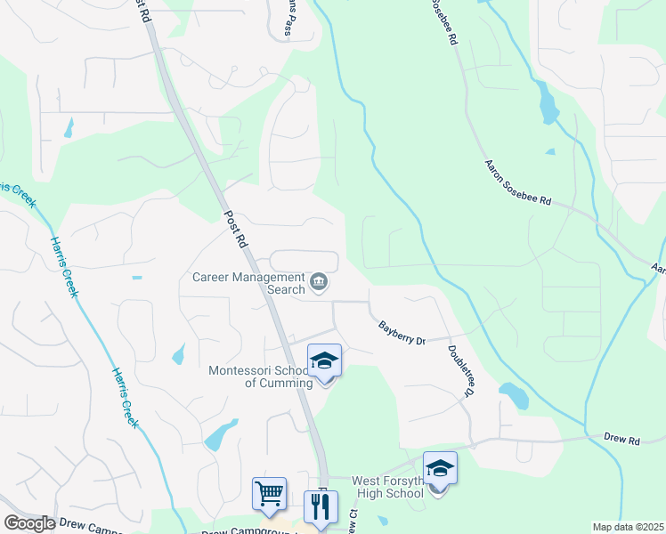 map of restaurants, bars, coffee shops, grocery stores, and more near 4635 Prather Farm Circle in Cumming
