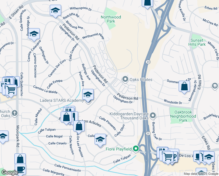 map of restaurants, bars, coffee shops, grocery stores, and more near 1375 Uppingham Drive in Thousand Oaks