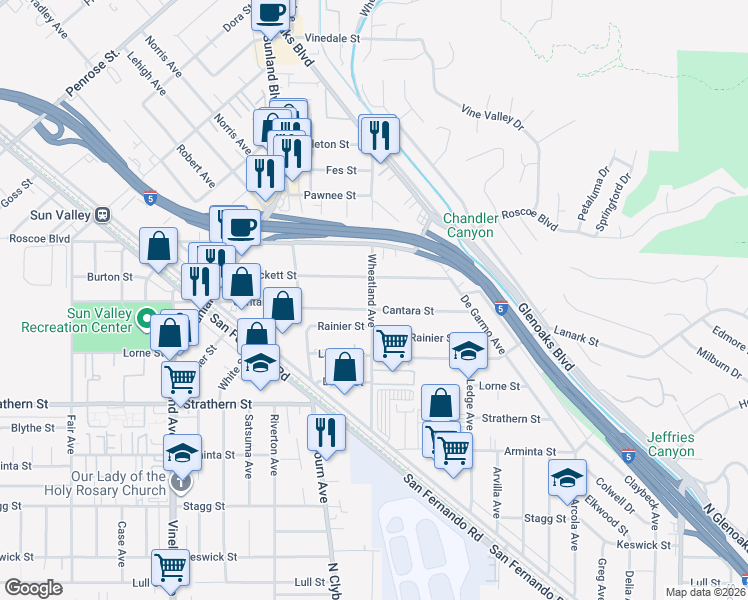 map of restaurants, bars, coffee shops, grocery stores, and more near 8211 Wheatland Avenue in Los Angeles