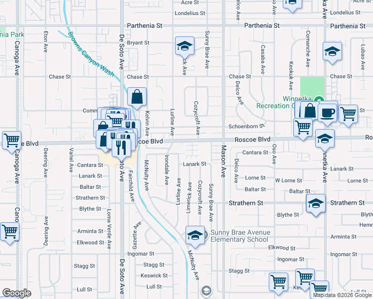 map of restaurants, bars, coffee shops, grocery stores, and more near 20617 Desert Ash Lane in Los Angeles