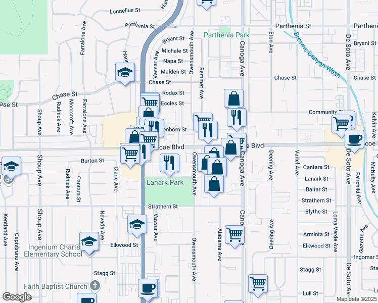 map of restaurants, bars, coffee shops, grocery stores, and more near in Los Angeles