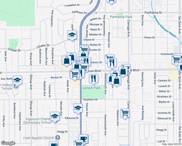map of restaurants, bars, coffee shops, grocery stores, and more near 21812 Roscoe Boulevard in Los Angeles