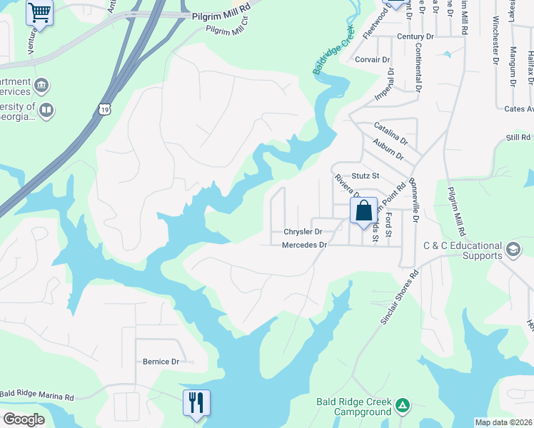 map of restaurants, bars, coffee shops, grocery stores, and more near 5655 Mercedes Drive in Cumming