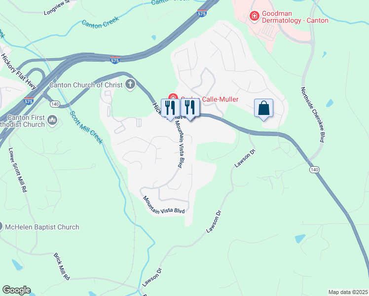 map of restaurants, bars, coffee shops, grocery stores, and more near 139 Mountain Vista Boulevard in Canton