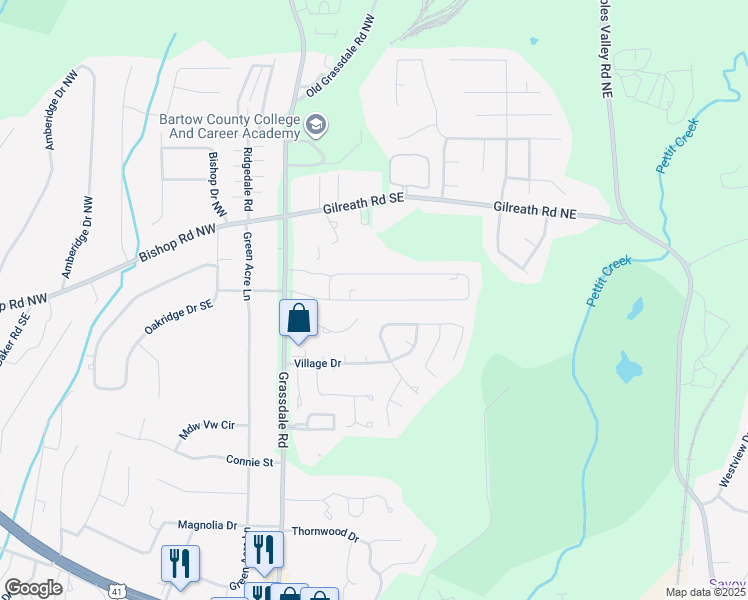 map of restaurants, bars, coffee shops, grocery stores, and more near 117 Evergreen Trail Southeast in Cartersville