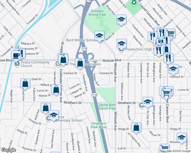 map of restaurants, bars, coffee shops, grocery stores, and more near 8160 Potter Avenue in Los Angeles