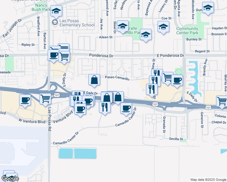 map of restaurants, bars, coffee shops, grocery stores, and more near 340 Rosewood Avenue in Camarillo