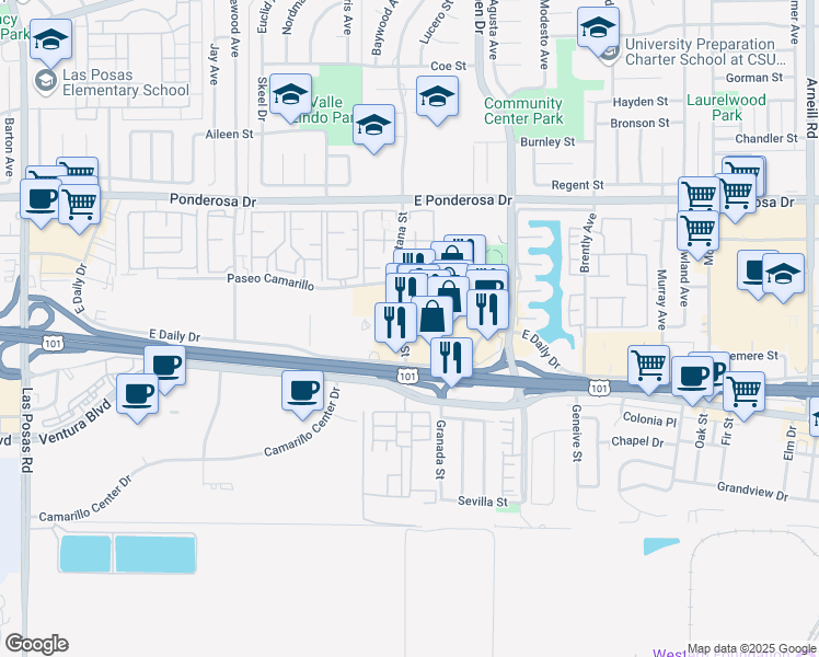 map of restaurants, bars, coffee shops, grocery stores, and more near 355 North Lantana Street in Camarillo