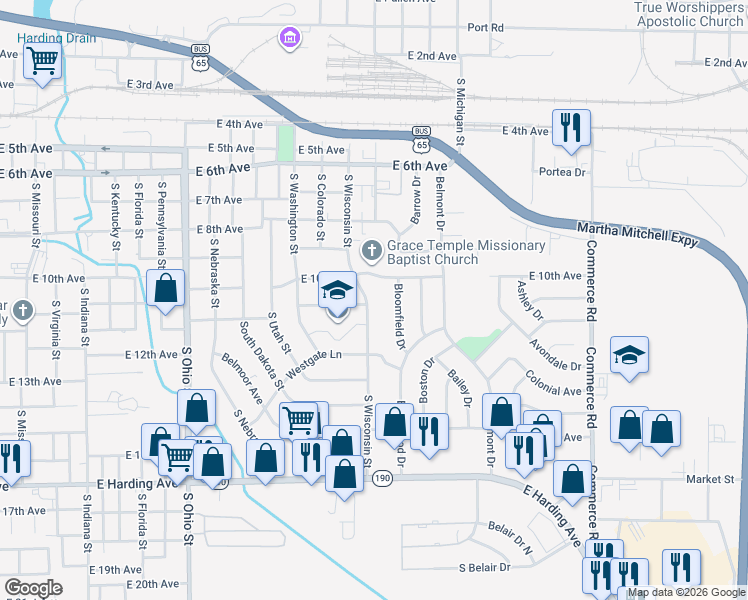 map of restaurants, bars, coffee shops, grocery stores, and more near 1007 South Wisconsin Street in Pine Bluff