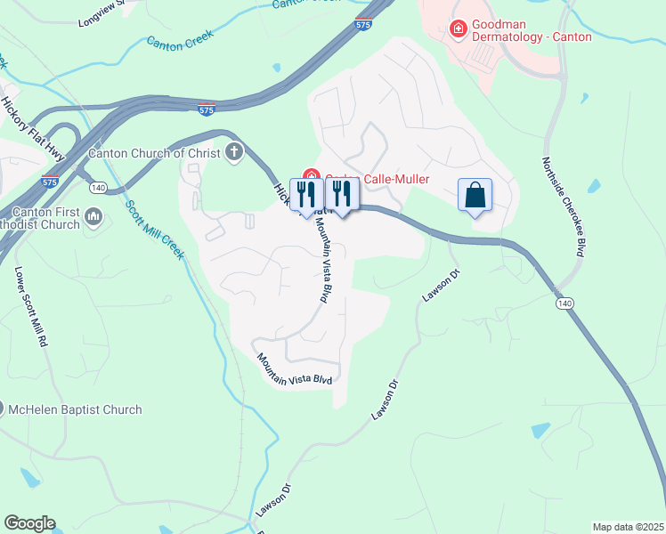 map of restaurants, bars, coffee shops, grocery stores, and more near 139 Mountain Vista Boulevard in Canton