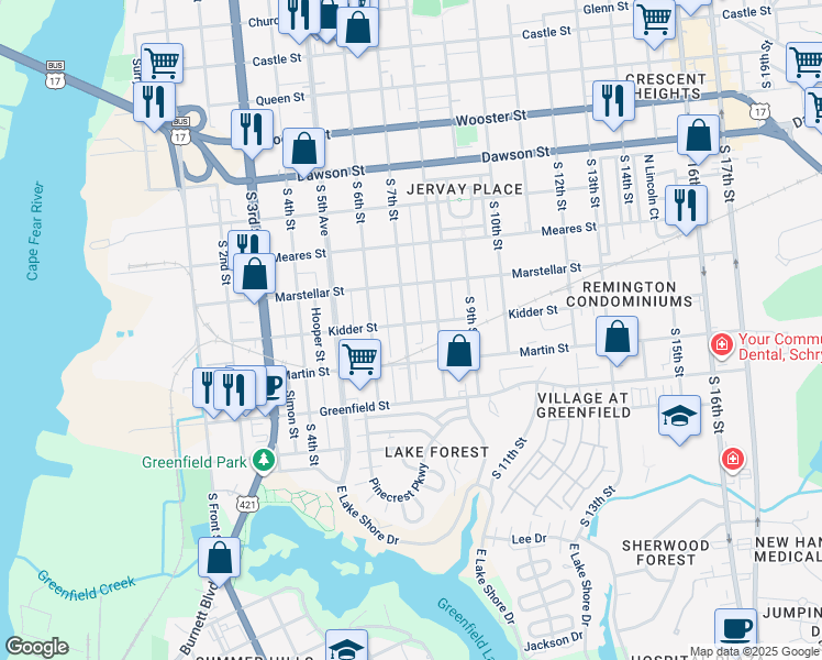 map of restaurants, bars, coffee shops, grocery stores, and more near 1301 S 7th St in Wilmington