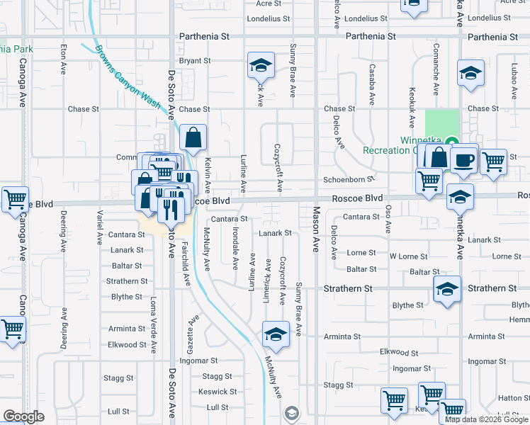 map of restaurants, bars, coffee shops, grocery stores, and more near 20625 Desert Ash Lane in Los Angeles