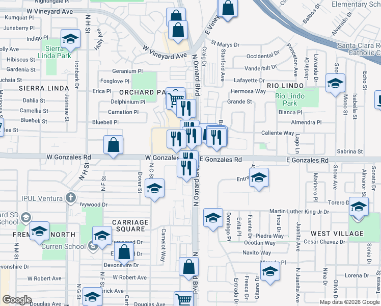 map of restaurants, bars, coffee shops, grocery stores, and more near 141 West Gonzales Road in Oxnard