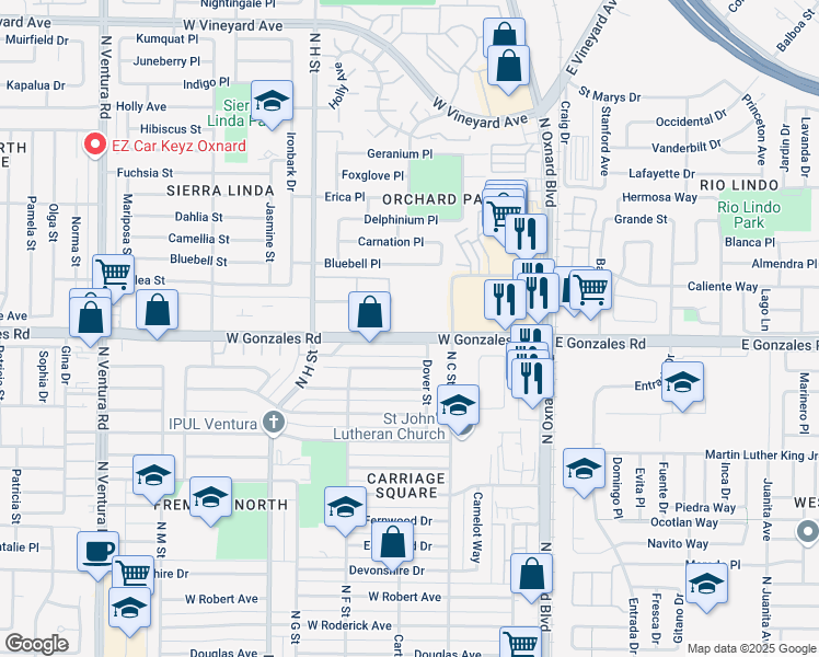 map of restaurants, bars, coffee shops, grocery stores, and more near 465 West Gonzales Road in Oxnard