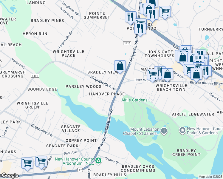 map of restaurants, bars, coffee shops, grocery stores, and more near 6328 Wrightsville Avenue in Wilmington