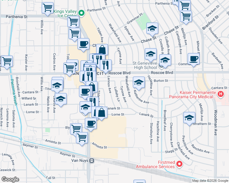 map of restaurants, bars, coffee shops, grocery stores, and more near 8147 Lullaby Lane in Los Angeles
