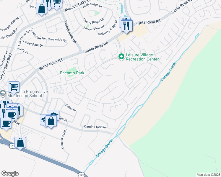 map of restaurants, bars, coffee shops, grocery stores, and more near 17306 Village 17 in Camarillo