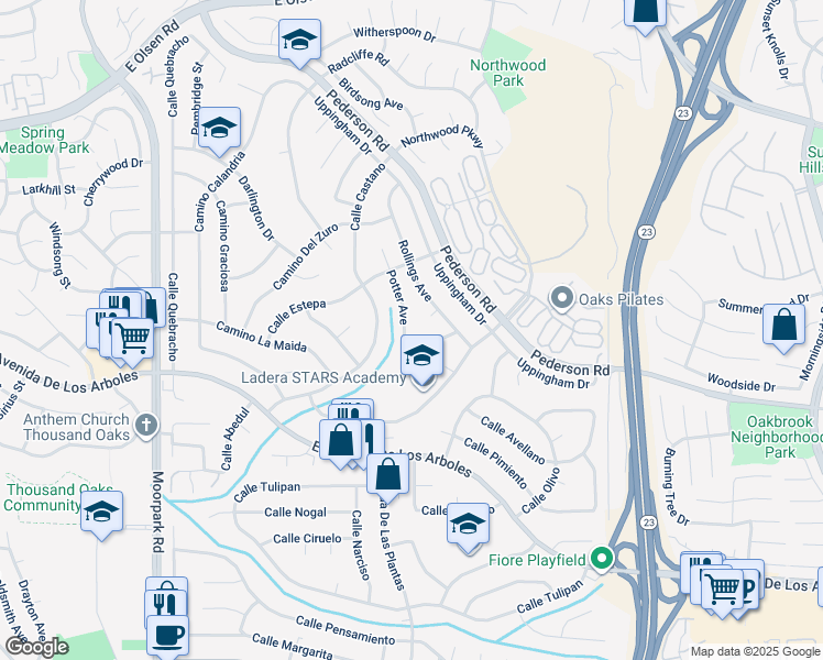 map of restaurants, bars, coffee shops, grocery stores, and more near 2926 Potter Avenue in Thousand Oaks