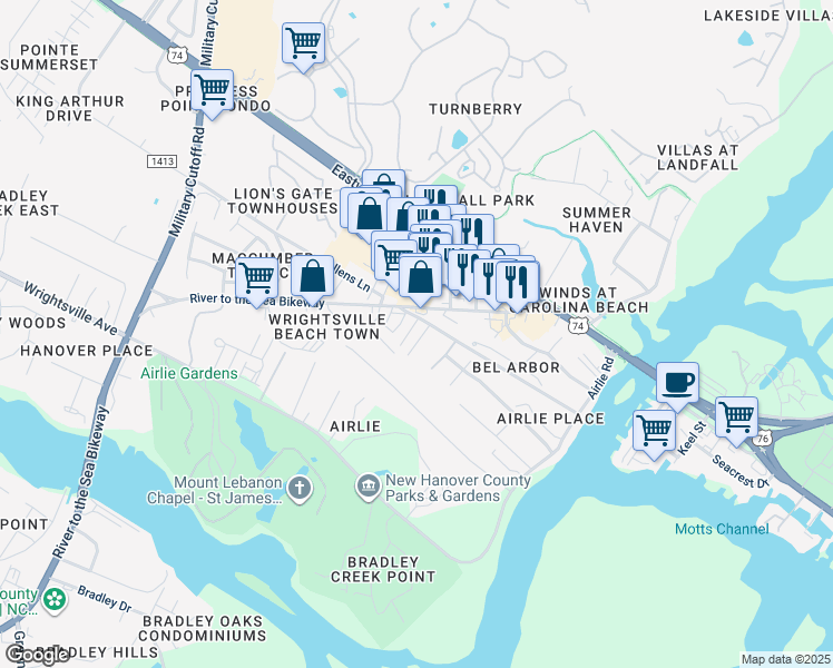 map of restaurants, bars, coffee shops, grocery stores, and more near 1813 Barkley Avenue in Wilmington