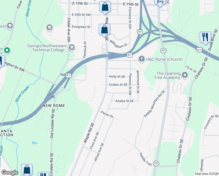 map of restaurants, bars, coffee shops, grocery stores, and more near 2425 1/2 Maple Road Southeast in Rome