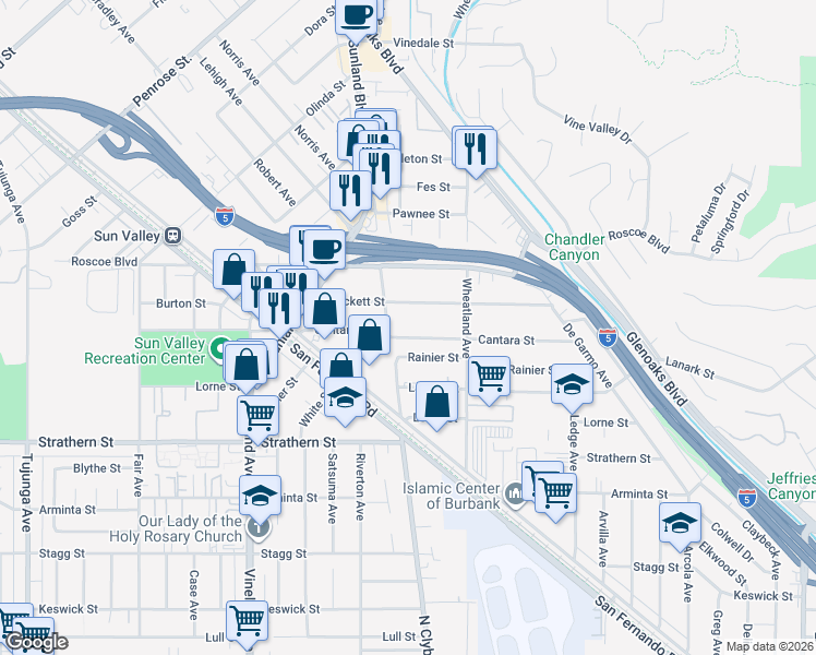 map of restaurants, bars, coffee shops, grocery stores, and more near 10717 Cantara Street in Los Angeles
