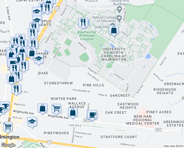 map of restaurants, bars, coffee shops, grocery stores, and more near 402 Pine Hills Drive in Wilmington