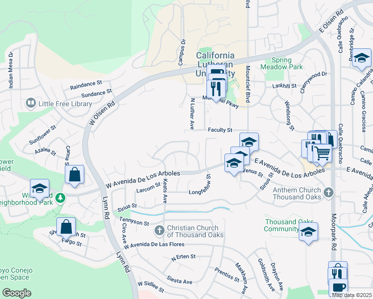 map of restaurants, bars, coffee shops, grocery stores, and more near 199 Odebolt Drive in Thousand Oaks