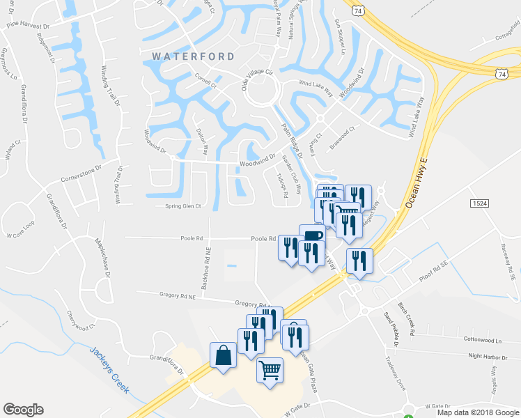 map of restaurants, bars, coffee shops, grocery stores, and more near 1040 Golden Sands Way in Leland