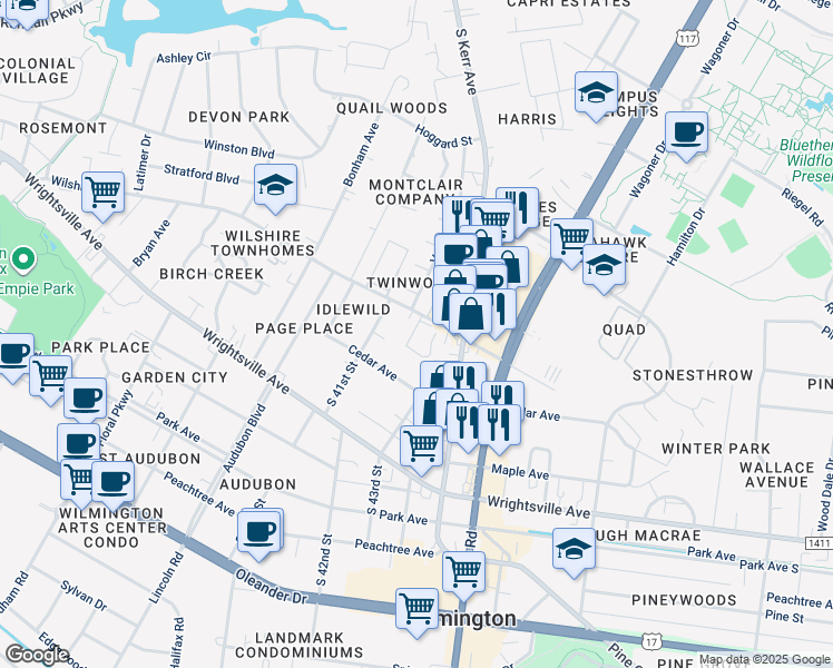 map of restaurants, bars, coffee shops, grocery stores, and more near 4210 Wilshire Boulevard in Wilmington