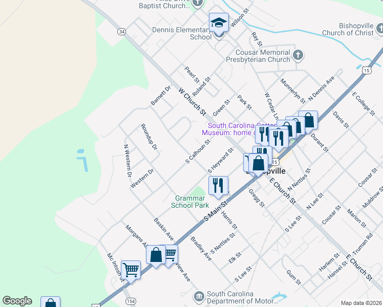 map of restaurants, bars, coffee shops, grocery stores, and more near 136 South Calhoun Street in Bishopville