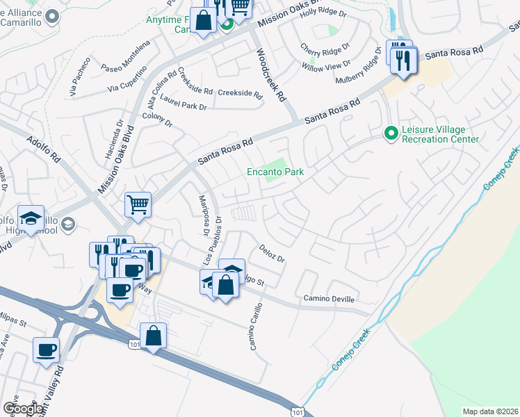 map of restaurants, bars, coffee shops, grocery stores, and more near 16171 Village 16 in Camarillo