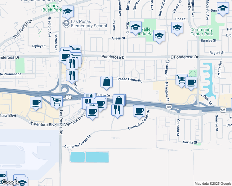map of restaurants, bars, coffee shops, grocery stores, and more near 601 East Daily Drive in Camarillo