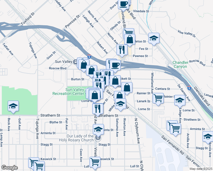 map of restaurants, bars, coffee shops, grocery stores, and more near San Fernando Rd & Sunland Blvd in Los Angeles