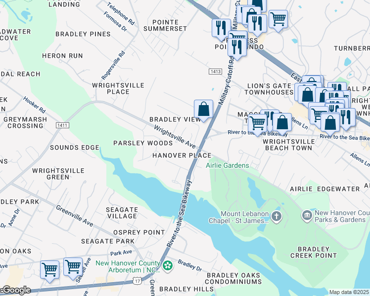 map of restaurants, bars, coffee shops, grocery stores, and more near 6328 Wrightsville Avenue in Wilmington